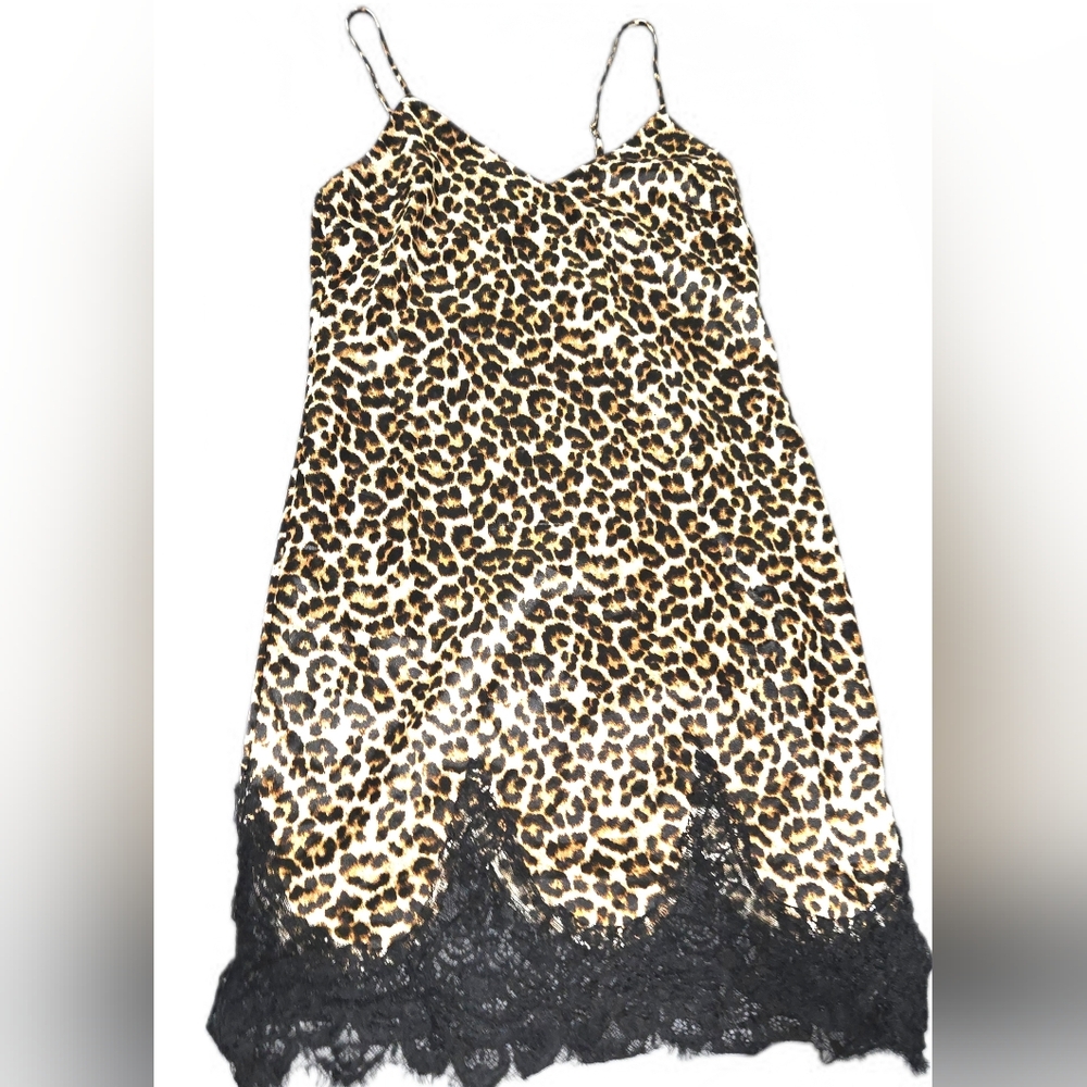 Leopard Print Satin Dress with Lace Trim